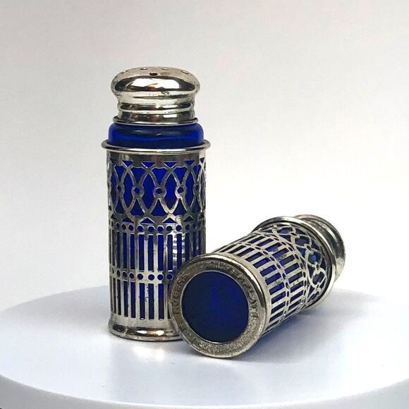 Antique F.B. Rogers Japan Silverplate Cobalt Blue Art Deco Salt & Pepper Shakers - Picture 1 of 6